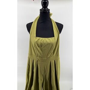 Olive Green Halter Neck Wide Leg Pleated Jumpsuit Women Size Medium Retro Boho